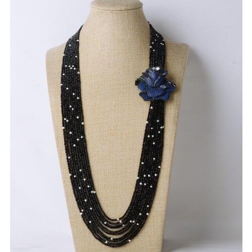 10 Rows 32-35"Natural Freshwater Cultured White keshi Pearl Black Crystal Long Necklace For Women