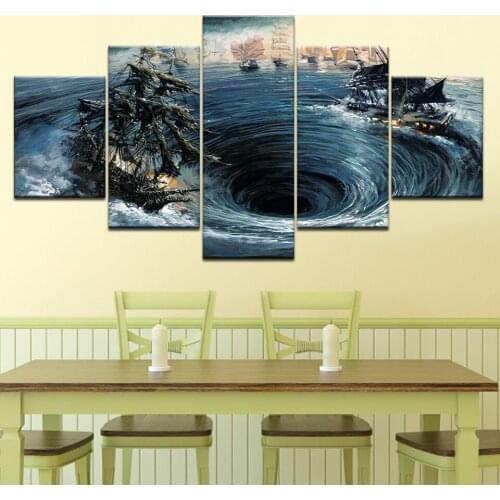 Canvas painting boat in the waves 5 pieces of wallpaper modern modular poster art canvas painting living room home decoration