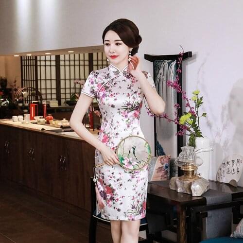 Chinese Traditional Dress for Women Elegant Daily Casual Cheongsam Sexy Short Sleeve Qipao Print Flower Bride Wedding Dress