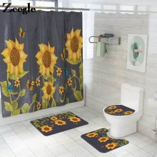 Sunflower Printed Bath Mat and Shower Curtain Toilet Mat Bathroom Carpet Floor Mat Microfiber Pastoral Shower Room Foot Rugs