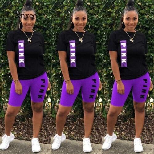 Summer Womens Large Size Letter Two-Piece Womens Cute Pink Clothes T-Shirt Shorts Sportswear Casual Clothes Matching Suit