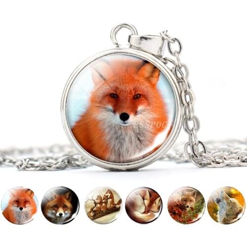 Fashion Silver Color Metal Necklace Boho Long Chain Pendant Necklaces Special Decign Fox Photo Glass Cabochon Jewelry Women Gift