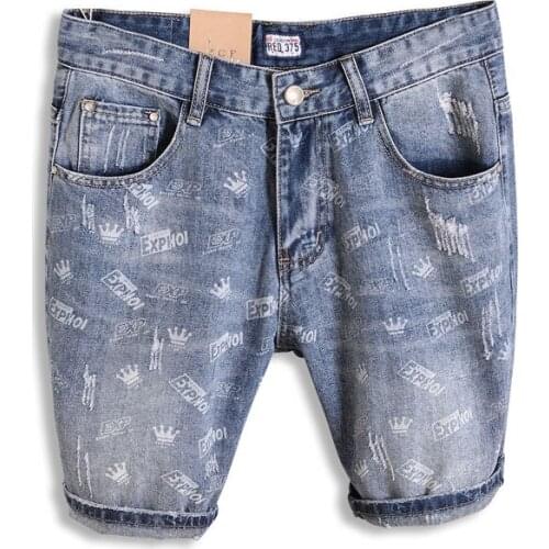 2021 Newly Summer Fashion Men Jeans Retro Blue High Quality Straight Fit Printed Designer Short Jeans Men Hip Hop Denim Shorts