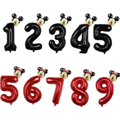 FUDANL 32inch Red Black Number Foil Balloons Mickey Minnie Head Balloon Figure 1 2 3 4 5 Year Kids Boy Girl Birthday Party Decor
