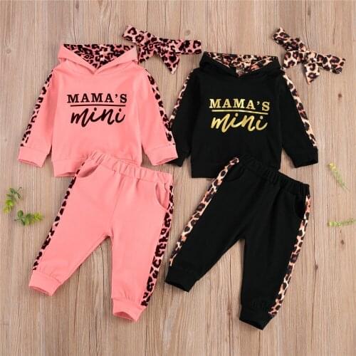 Autumn Infant Baby Girls 3Pcs Clothes Long-sleeved Letter Hooded Sweatshirts Tops Leopard Long Pants Trousers Headband Outfits
