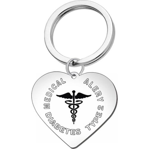Stainless Steel Engraving-Heart Shape "Diabetes Type 2" Medical Alert ID Pendant Necklace / Keychain for Men Women