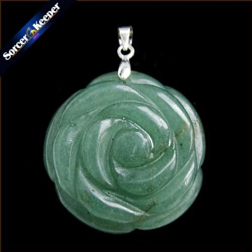 Hand Carved Natural Aventurine Stone Flower Amulet Lucky Women Cute Pendant Necklace Fashion Crystal Jewelry Beads 1PCS -HS108