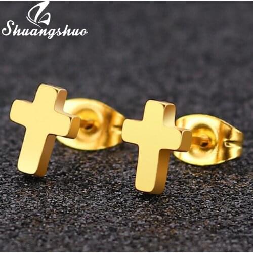 Shuangshuo Minimalist Stainless Steel Earrings Punk Style Vintage Cross Stud Earrings for Women Men Chrsitmas Gift Bijoux Femme