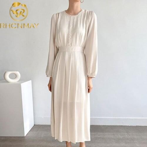 Chic New Autumn Long Sleeve Elegant Dress Korewan Fashion High Waist Round Neck Pleated Dresses Vestidos Maxi Long Dress