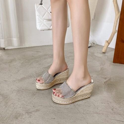 Rhinestone slippers women summer slipper platform wedge slippers womens sandals high heels flip flops weave women summer shoes