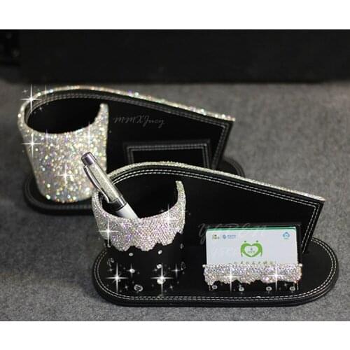 Bling Handmade Crystal Ornaments for Car Dashboard PU Leather Decoration & Container for Name Card