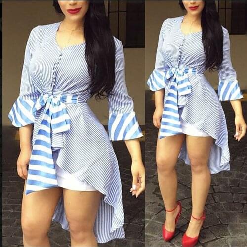 Y5042 Wholesale Items Womens Cute Casual Front Rear Asymmetric Blue Striped Shirt Short Sleeve Long Striped Maxi Dress