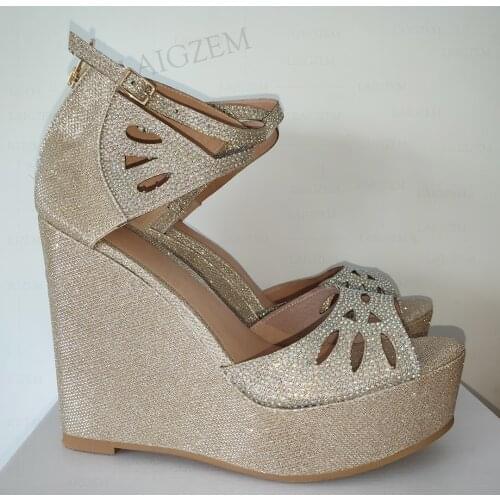 LAIGZEM Women Platform Wedges Sandals Wedding Prom Crystal Height Increase Shoes Woman Shiny Back Zip Large Size 40 42 44 50 52