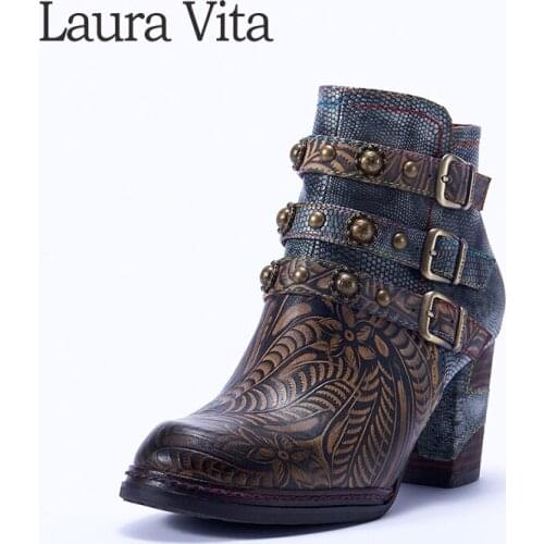 Laura Vita Genuine Leather Bohemia Ankle Boots Women Shoes Vintage Printed Autumn Winter Women Boots Square Mid Heels