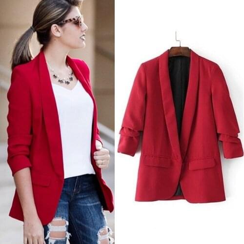 Female Blazer Red None Button c Fold Long Sleeve Office Slim Lady Casual Blazers