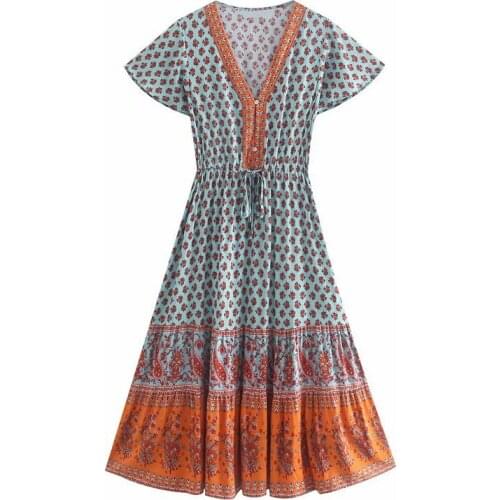 YENKYE Summer Dress Women Floral Print Boho Long Dress Female Short Sleeve Drawstring Waist A-line Casual Sundress Holiday Vesti