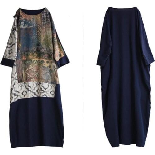 2020 New Arrival Spring Ethnic cotton Linen large Size dress Multi color Three Quarter sleeve long Robe Special pattern dress