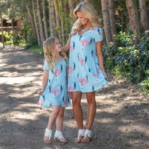 Family Look Women Shirt Dress Floral Print Family Matching Outfits Mother Daughter Dress Summer Short Sleeve