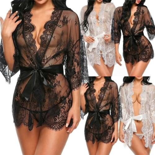 2019 Women Sexy Lingerie Lace Deep V-neck Robe+G-string Sexy Underwear Sleepwear Babydoll Lingerie Sexy Hot Erotic Night Dress L