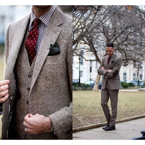Winter Brown Tweed Suits Vintage Men Suits for Wedding Elbow Patch 3 Pieces Fromal Groom Tuxedos Handsome Male Blazers Jacket