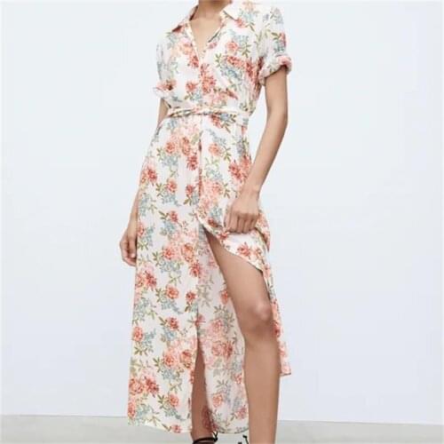 ZXQJ Women 2021 Fashion With Belt Floral Print Midi Shirt Dress Vintage Short Sleeve Button-up Female Dresses Vestidos