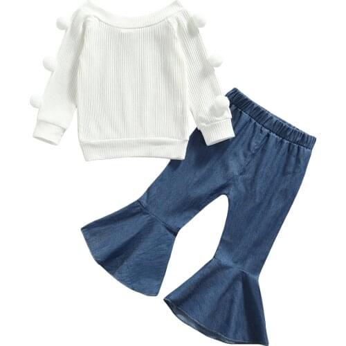 2 Pcs Infant Solid Color Outfits, Baby Girls Round Neck Long Sleeve Pullover with Pom Poms + Flared Pants 9M-4T