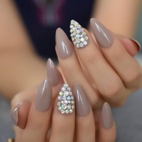 3D Rhinestones Glossy Nude Stiletto False Nails AB Gems Pre Design Amlond Sharp Fake Nails Full Cover 28pcs Nail Tips 11 Options