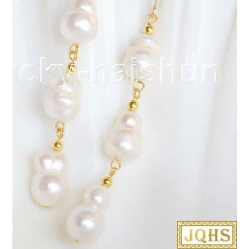 Luster natural Dangle twin 12mm white Reborn keshi pearl Earrings 14KT gold hook j10762