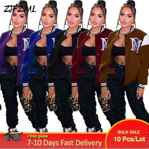 Bulk Items Wholesale Lots Womens Baseball Jacket Active Wear Workout Letter Print Long Sleeve Coat Casual Buttons-up Outwear