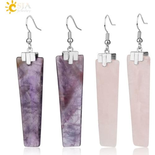 CSJA Natural Crystal Quartz Drop Earring Trapezoid Geometric Long Stone Dangle Earrings Healing Charm Ear Jewelry for Women G150