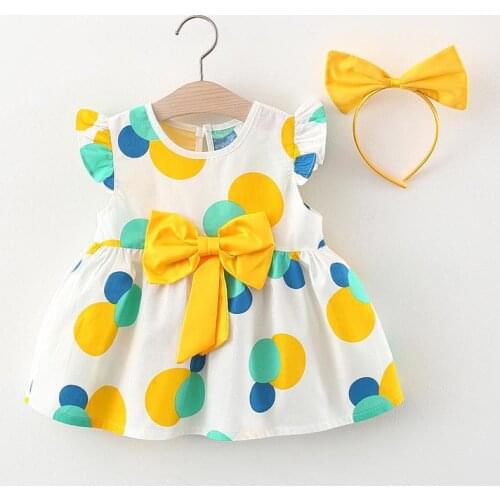 Children Clothing Baby Girl Summer Clothes Flying Sleeve Cotton Princess Bow Dress With Hair Band Two-pieces Suits For Babies