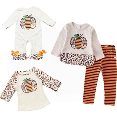 Girlymax Halloween Thanksgiving Fall Autumn Baby Girls Leopard Pumpkin Stripe Pants Set Top Icing Raglans Kids Clothing Patch