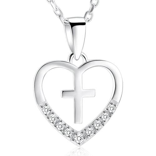 IJS0009 Valentines Day Gifts Inlay Crystal Heart Shape Cross Necklace Jewelry Birthday Gift for Women