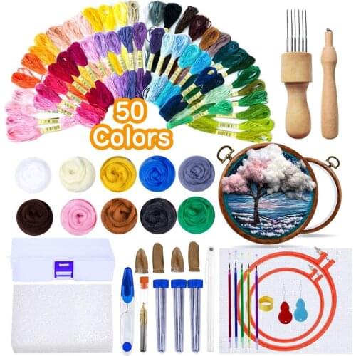 Imzay 3D Wool Embroidery Kit Needle Felting Kit With Felting Supplies And Embroidery Sets Wool Roving For Embroidered Painting