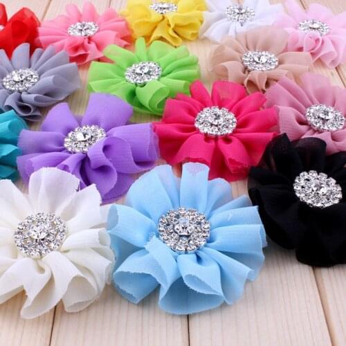 120pcs/lot 6.5cm 15colors Artificial Chiffon Flowers + Rhinestone Button For Girl Hair Accessories Fabric Flowers For Headbands