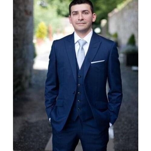 Handsome One Button Navy Blue Groom Tuxedos Groomsmen Peak Lapel Mens Suits Blazers (Jacket+Pants+Vest+Tie) W:1260