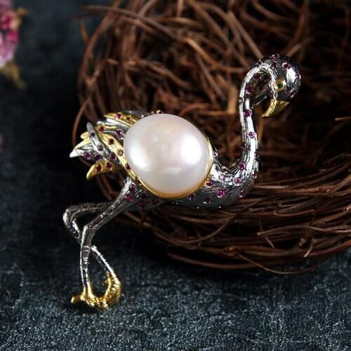 Retro Silver Wholesale Creative Flamingo Pendant And Brooch Dual-use S925 Sterling Silver Inlaid Pearl Baroque Pendant