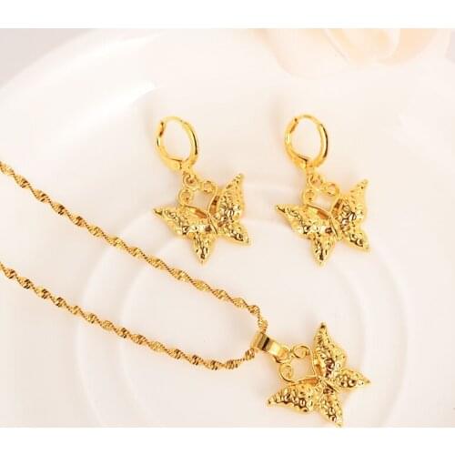 Cute butterfly Fine Solid gold Finish Jewelry sets Wedding pendant Necklace Earrings Jewelry Sets necklace earring set