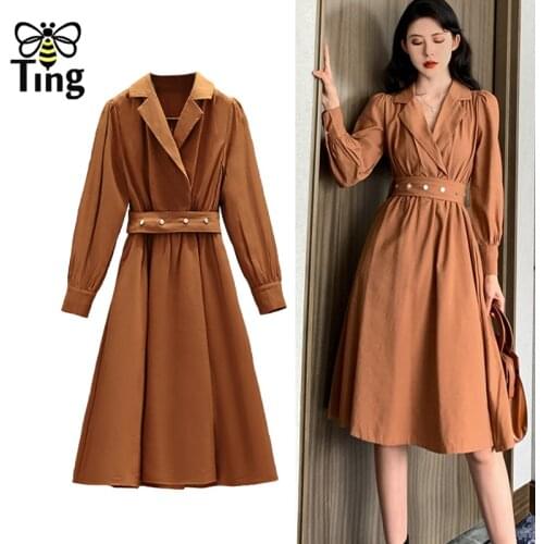 Tingfly Fashion Notched Collar Vintage Elegant A Line Knee Length Casual Dress Autumn Spring Chic Lady Street Casual Trench Robe