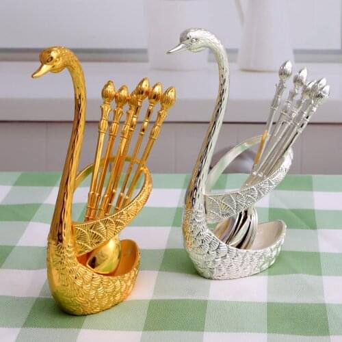 Gold Silver Color Kitchen Spoon and Fork Set with Swan Holder Dinnerware Dinner Set Candy Tool Fruit Snack Dessert Cake Fork