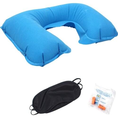 Inflatable Neck Pillow + Soundproof Earplugs + Blackout Goggles Outdoor Camping Head Neck Rest Air Cushion U-miss Functional
