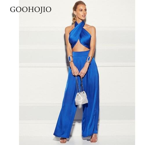 GOOHOJIO 2021 New Spring Autumn Sexy Breast Wrap Clothing Women Wide Leg Pants Suit Women Two-piece Satin Chic Suit for Ladies