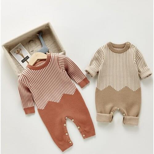 2021 Autumn New Baby Rompers Knit Jumpsuits Infant Clothing Striped Boy and Girl Outfit
