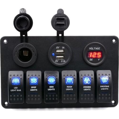 6 Gang Rocker Switch Panel for RV Marine Car Vehicles Truck Boat, Waterproof Digital Voltmeter Display Dual USB Charger Port