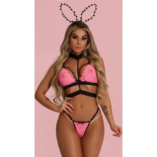 Sexy Transparent Ladies Lace Floral Lingerie Women Sexy Underwear Bra + Thong 2pcs Set Lenceria Erotica Mujer