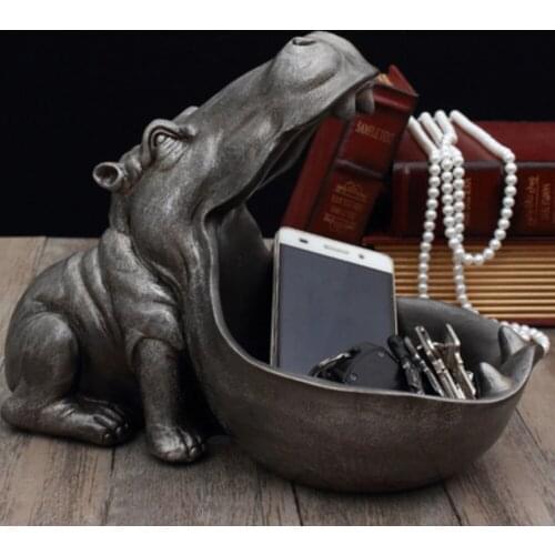 Resin Hippo Statue Hippopotamus Sculpture Figurine Key Candy Container Decoration Home Table Decoration Accessories