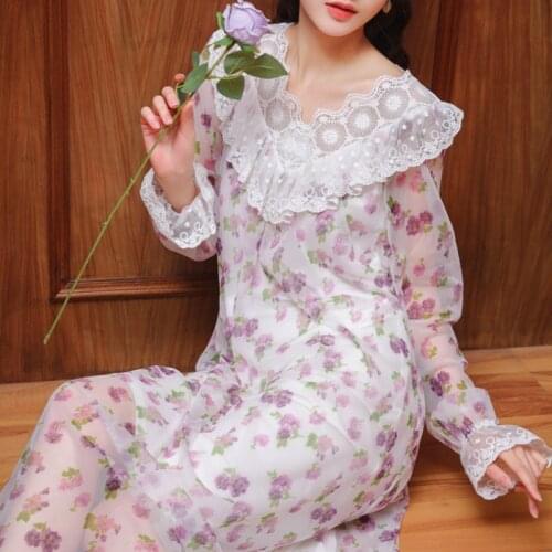 Romantic Floral Tulle Long Night Dress Women Lace Peignoirs Chemise Dressing Gown Ladies Victorian Vintage Nightgowns Sleep Wear