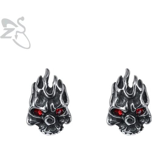 ZS 2 Color Crystal Eyes Fire Skull Earrings for Men Punk Stainless Steel Stud Earrings Small Hip Hop Earring Jewelry Accessories