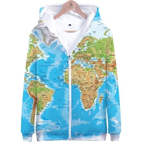3D World Map Hoodies Men Women Zipper Hooded Mens Brand Design World Map Earth Hoodie Mens Zip Up Cap Sweatshirts Hoody