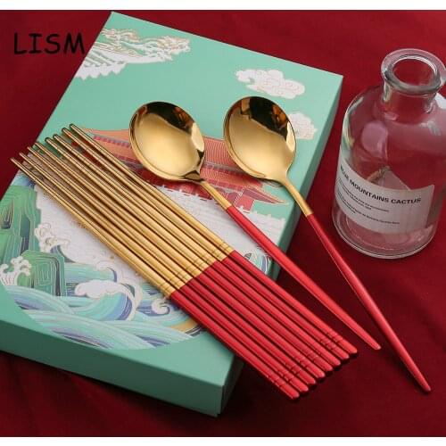 Unique Gold Stainless Steel Food Chopsticks Spoon Set Long Handle Non-Slip Chopsticks Tea Dessert Portuguese Spoon Tableware Set